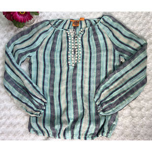 Tory Burch Green Blue Stripe Blouse With Button Detail SZ 6